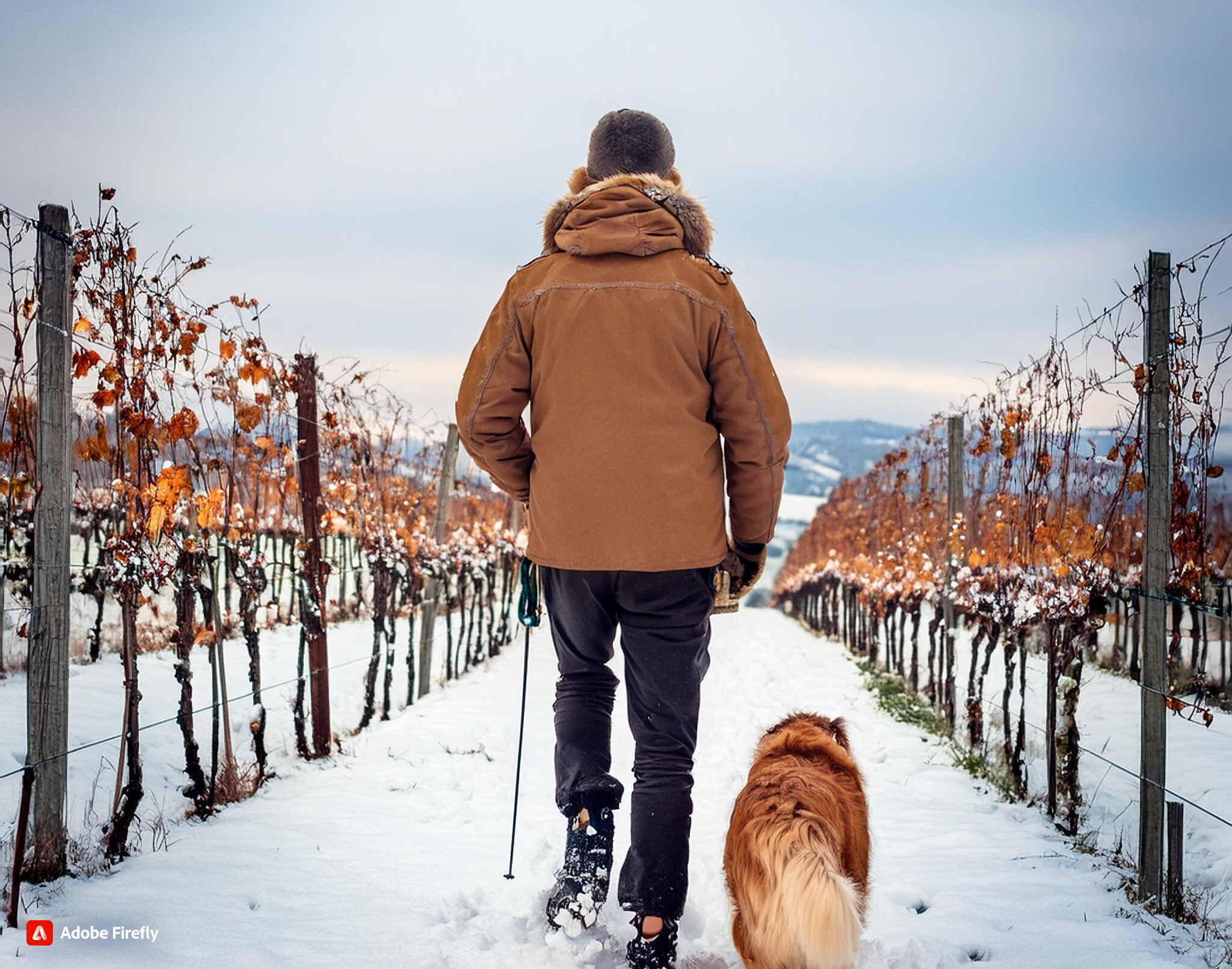 Wandern in den verschneiten Weinbergen